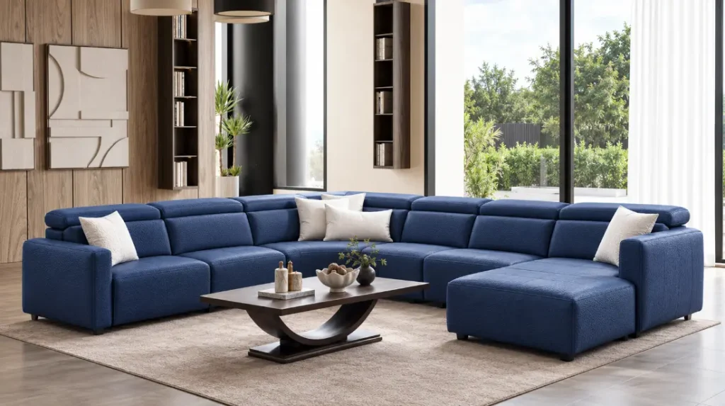 Burgaz blue leather sectional sofa with chaise for Tampa living rooms