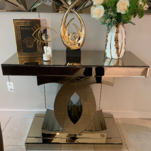 Bronze-tinted mirrored console table with luxurious design, perfect for entryways and living rooms.