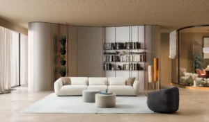 Modern living room with a large cream modular sofa set, a matching armchair, and minimalist decor from a top Tampa furniture store