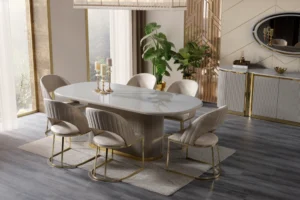 A luxurious beige and gold Cappadocia dining room set, featuring an oval dining table and six velvet chairs.
