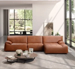 brown real leather sectional sofa with right chaise in modern living room tampa bay