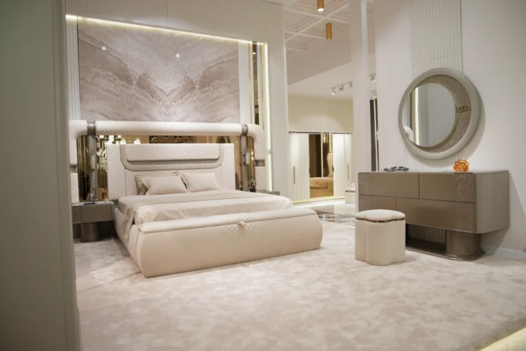 modern luxury bedroom set with beige upholstered bed and dresser – Tampa furniture store