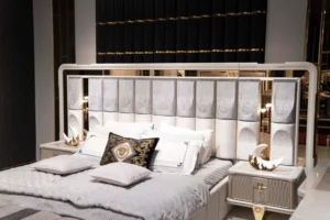 gray and gold modern luxury bedroom set with upholstered headboard – Tampa