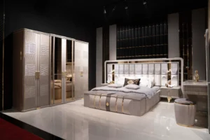 Luxury modern bedroom set with upholstered bed, mirrored wardrobe, and gold details – Tampa Bay furniture store