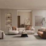 Harper beige modern sectional sofa styled in a contemporary living room with matching seating