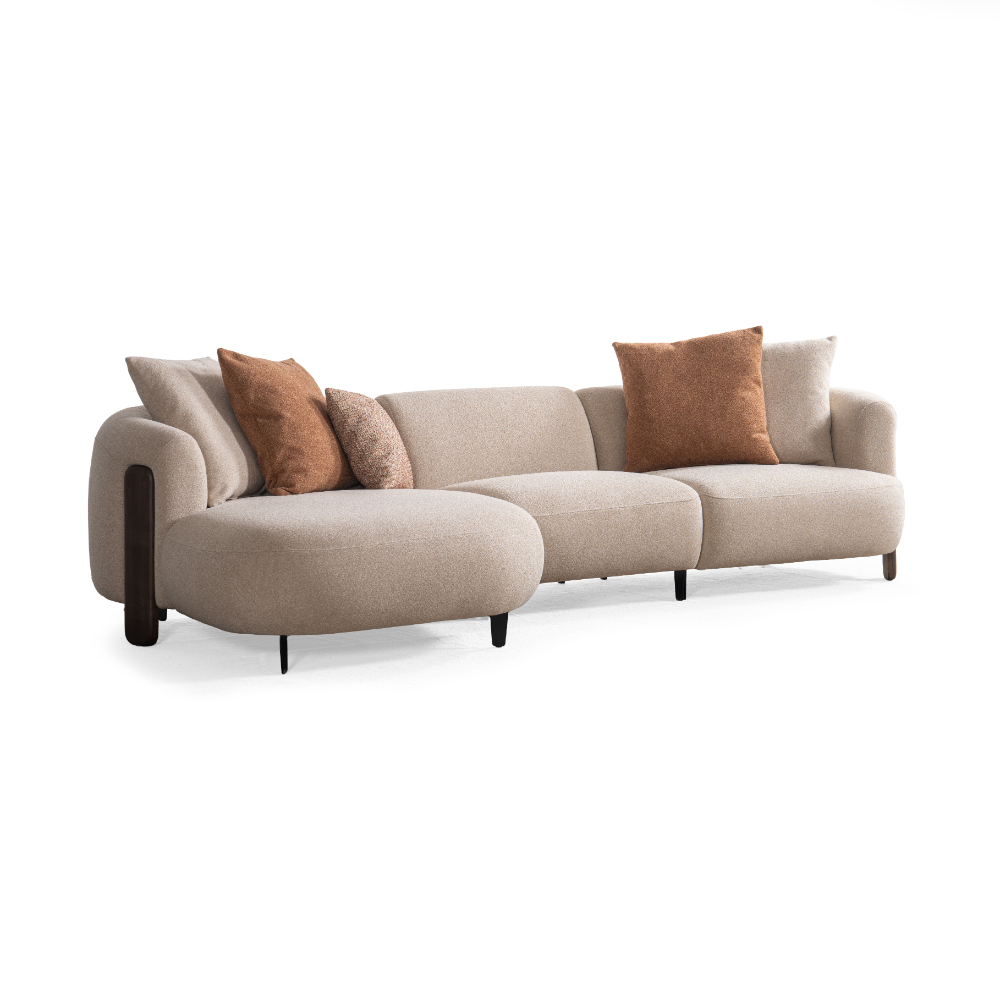 Harper beige modern sectional sofa with left chaise and walnut wood accents