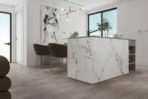 Modern kitchen island covered with Carrara white PVC marble sheet featuring elegant gray veining.