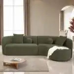 contemporary Revello sectional sofa in olive green chenille with a curved design and accent pillows.