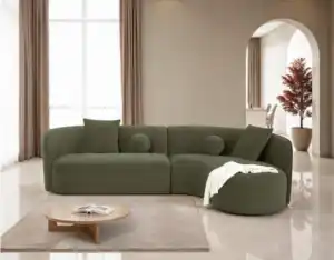 contemporary Revello sectional sofa in olive green chenille with a curved design and accent pillows.