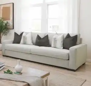 Romsey Light Gray Sofa with track arms and accent pillows in a bright transitional living room.