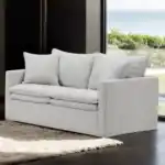Crayford Light Gray Linen Loveseat with narrow track arms and plush cushions in Tampa living room.