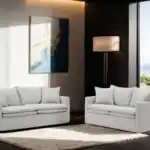 Crayford Light Gray Loveseat set in modern Tampa living room with coastal view.