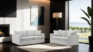 Crayford Light Gray Loveseat set in modern Tampa living room with coastal view.