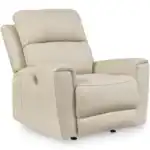 Dahlmoore Power Rocker Recliner in almond-tone top grain leather, showing the contemporary, closed profile and power control button. Available at furniture stores Tampa.