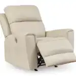Dahlmoore Power Rocker Recliner with footrest extended, demonstrating the smooth power recline motion. Features top grain leather and accessible control panel.