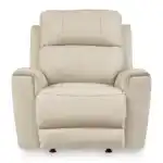 Full front view of the Dahlmoore Power Recliner, highlighting the plush, supportive headrest and seat cushioning in rich almond top grain leather.