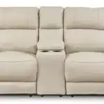 Dahlmoore Power Reclining Loveseat w/ Console in its fully reclined position, demonstrating maximum comfort and zero-wall capability. Almond leather recliner.
