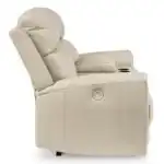 Side profile of the Dahlmoore Power Loveseat showing the control panel with zero-draw USB port and the space-saving design required for recline. Almond leather loveseat.