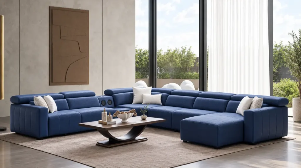 Large Gizem custom blue sectional sofa in a contemporary living room