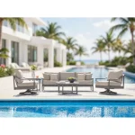 Complete Akcay gray outdoor loveseat and furniture collection with loveseat, swivel chairs, and coffee table on poolside patio