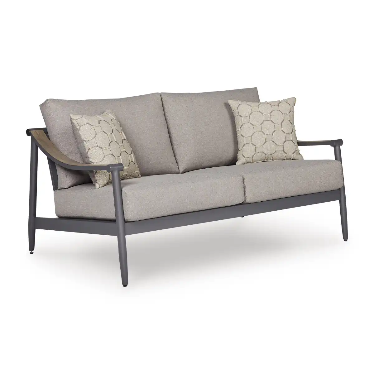 Three-quarter angle view of Akcay gray aluminum outdoor loveseat with wood-tone armrest accent and hexagon throw pillows