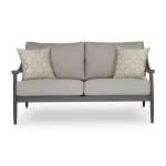 Front view of Akcay gray aluminum outdoor loveseat with gray cushions and hexagon throw pillows on white background