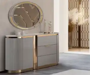 Modern dresser with round mirror in gray and gold luxury finish – Tampa furniture