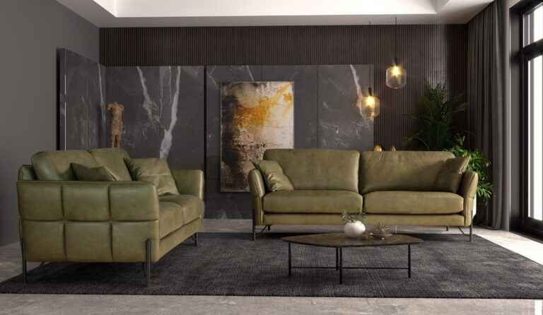 Olive green top grain Italian leather sofa in a modern living room