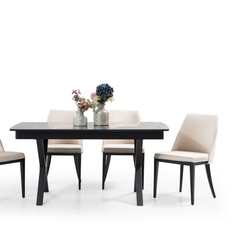 Shineco Extendable Dining Table set for 6 to 8 people with marble-look top and sleek black legs.