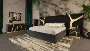 Modern black and gold bedroom set with a queen-size bed, gold trim accents, and matching nightstands – perfect for stylish Tampa interiors.