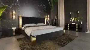 Contemporary black and gold bedroom set with velvet upholstered bed, gold-detailed nightstands, and mirrored dresser for modern luxury bedrooms.