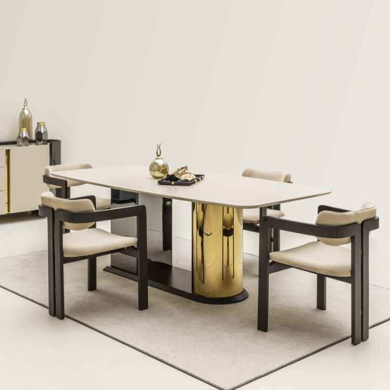 Luxury modern dining room set with black wood dining chairs, round mirror, and titanium gold details in a sleek, contemporary design.