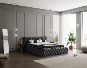 Modern black bedroom set with elegant finishes at designer furniture showroom in Tampa 