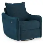 Front corner view of the McBurg swivel power recliner in deep navy blue, showing the integrated power button and closed footrest.