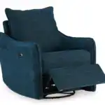 McBurg Swivel Power Recliner in navy fabric, shown in a semi-reclined position with the footrest partially extended.