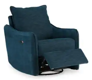 McBurg Swivel Power Recliner in navy fabric, shown in a semi-reclined position with the footrest partially extended.