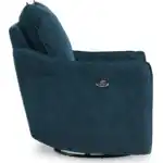 Side-rear angle studio shot of the McBurg swivel power recliner in navy, showing the power button detail.
