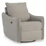 McBurg swivel power recliner in taupe velvet, showing the closed position, integrated power button, and sleek modern design.