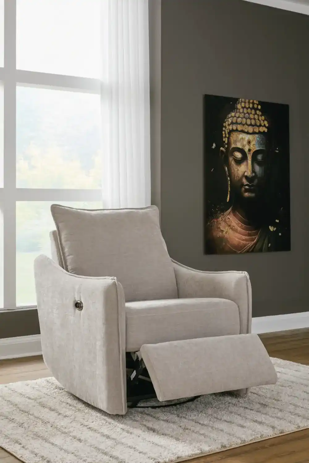 McBurg Swivel Power Recliner in a fully reclined, flat position, staged in a bright room setting.