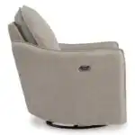 Side-rear angle studio shot of the McBurg swivel power recliner, with the power button visible.
