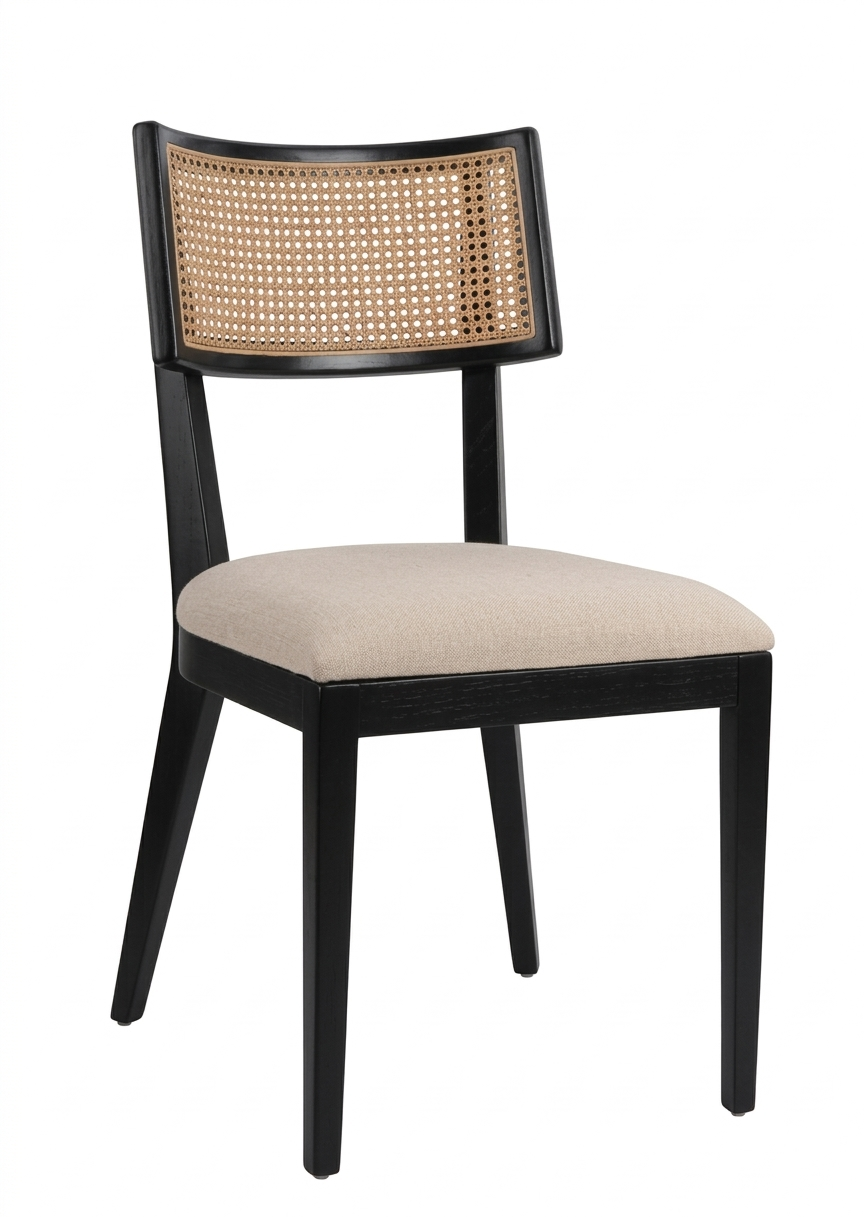 Mixed material contract dining chairs with wood and metal frames — European hybrid design for boutique hotels and restaurants