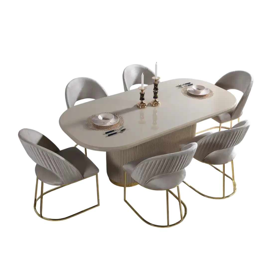Beige and Gold Dining table with 6 dining chair