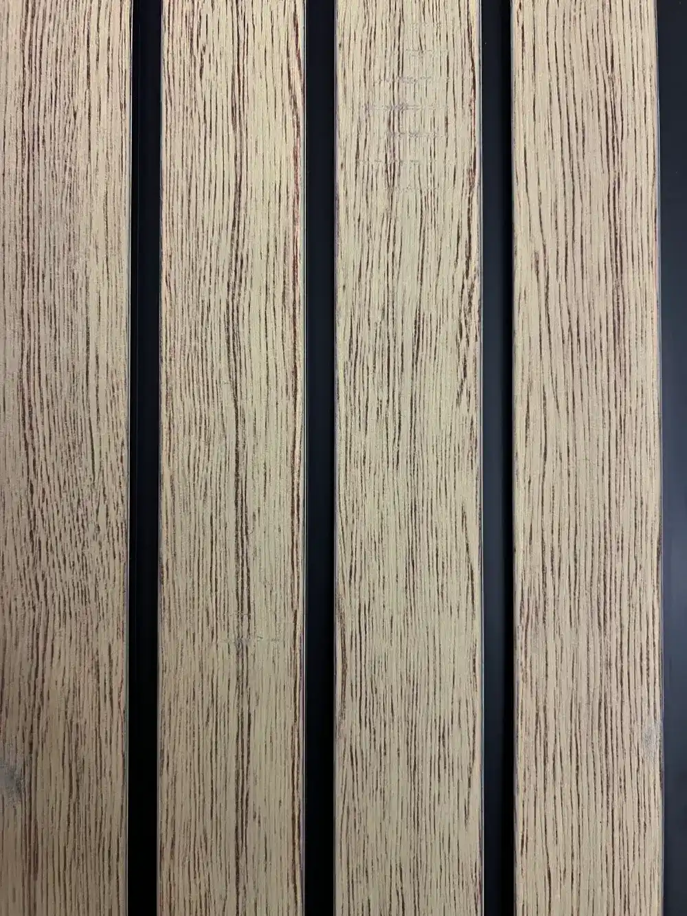 PVC oak fluted wall panel with black channels for modern decorative wall paneling.