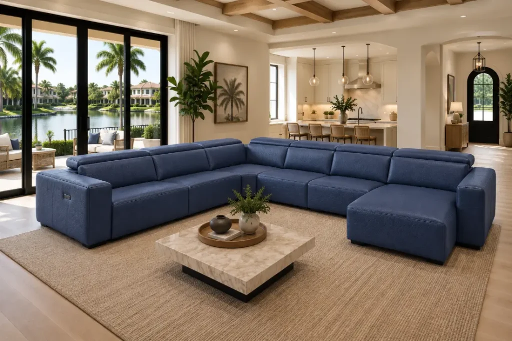 Oslo blue reclining sectional sofa with chaise in a Tampa-style home