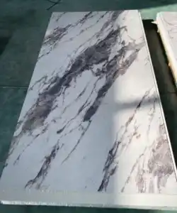 Calacatta Viola PVC marble sheet with bold purple veins and luxury marble effect design for modern wall and furniture applications.
