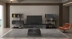 Modern entertainment center in dark wood with gold trim and marble accents, featuring shelves, drawers, and a black coffee table with marble top, in a Tampa living room.