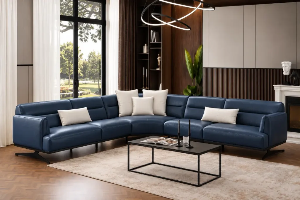 Polo unique blue sectional sofa in a luxury living room