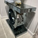ound Mirrored Console Table in Dark Gray – Luxury Handcrafted Console Table