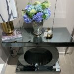 ound Mirrored Console Table in Dark Gray – Luxury Handcrafted Console Table