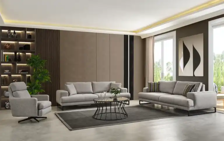 modern living room set with Soft sofa in light gray fabric near Tampa Bay area